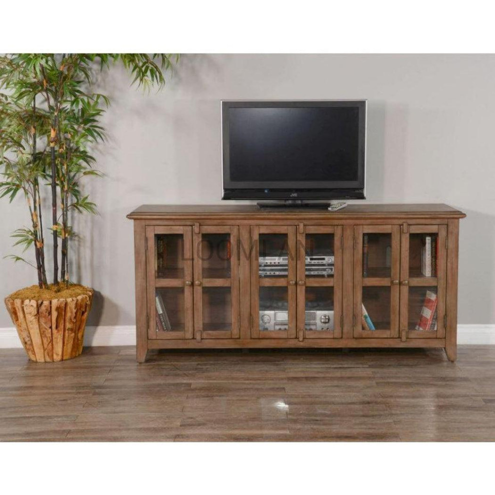 70 quotDistressed Brown TV Stand Media Console Glass Doors Storage Cabinet   Transitional   Entertainment Centers And Tv Stands   by Sideboards and Things  Houzz