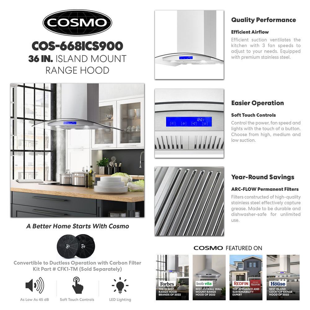 Cosmo 36 in Ducted Island Range Hood in Stainless Steel with LED Lighting and Permanent Filters