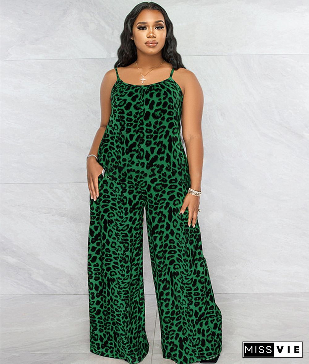 Leopard Spaghetti Strap Loose Plus Size Jumpsuits