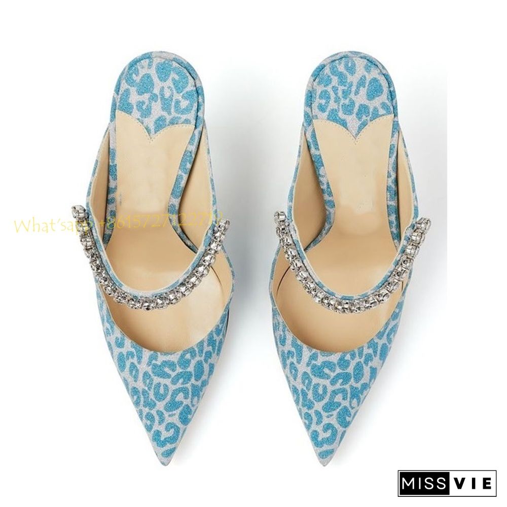 Leopard Crystal Ankle Wrap Mules Slippers Women Summer Outfit Blue High Heels Pointy Toe Slippers Sexy New Arrival Party Shoes