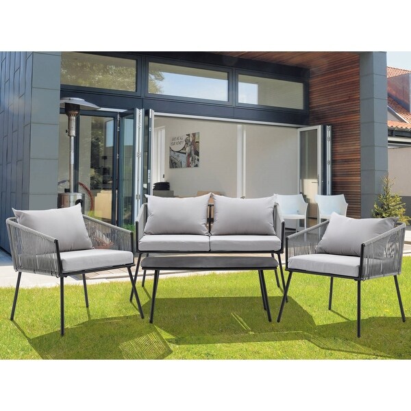 4-Piece Rope Outdoor Chat Set Patio Sofa with Cusions - Overstock - 35762598