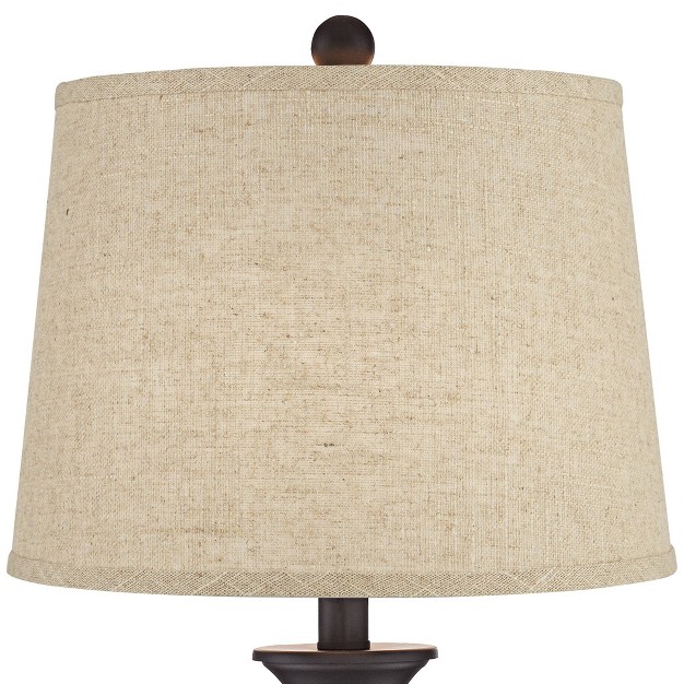 Tall Tapered Column Farmhouse Rustic Table Lamps Set Of 2 Brown Bronze Finish Metal Burlap Linen Shade Living Room Bedroom