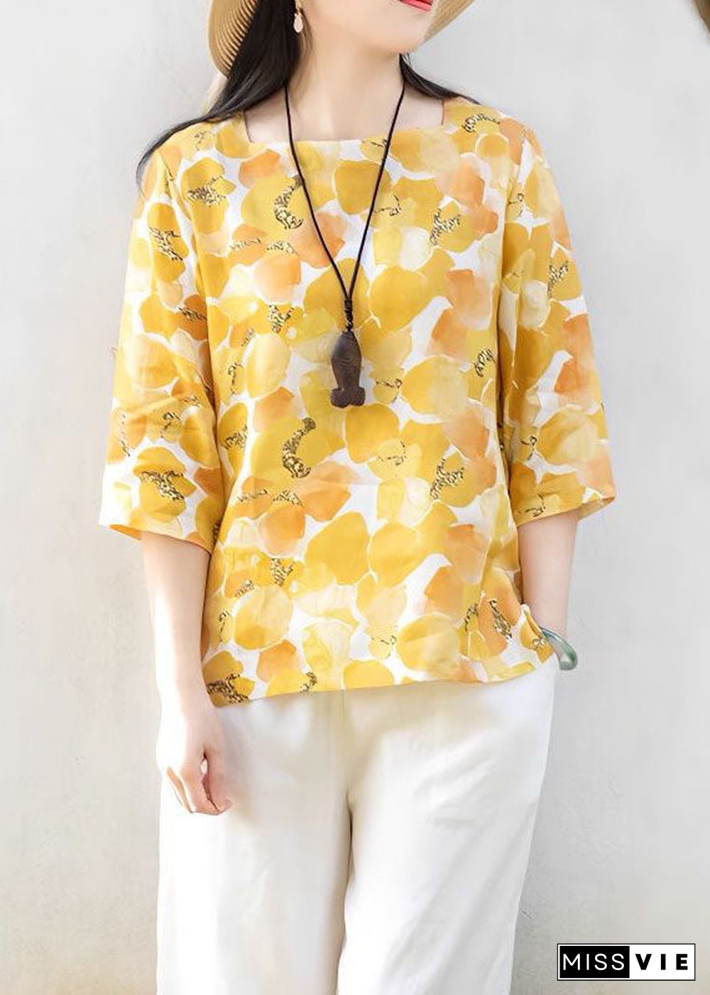 Casual Yellow Square Collar Print Linen T Shirts Top Summer