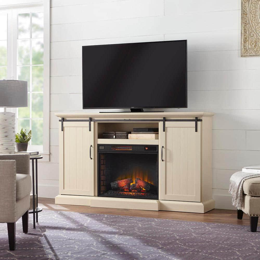 Home Decorators Collection Chastain 68 in Freestanding Media Console Electric Fireplace TV Stand with Sliding Barn Door in Ivory