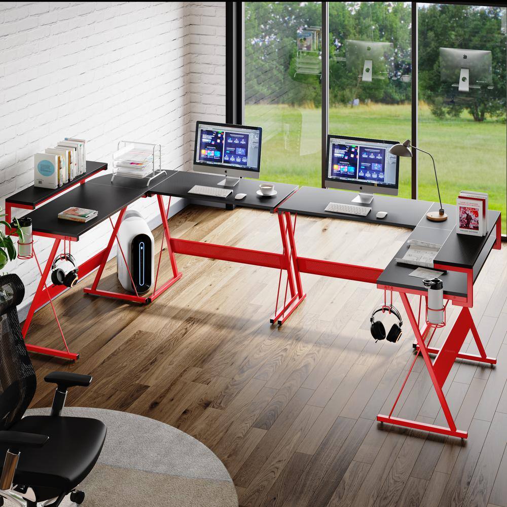 Bestier 55.25 in. Red and Black Carbon Fiber L-Shaped Gaming Desk D094I-RED