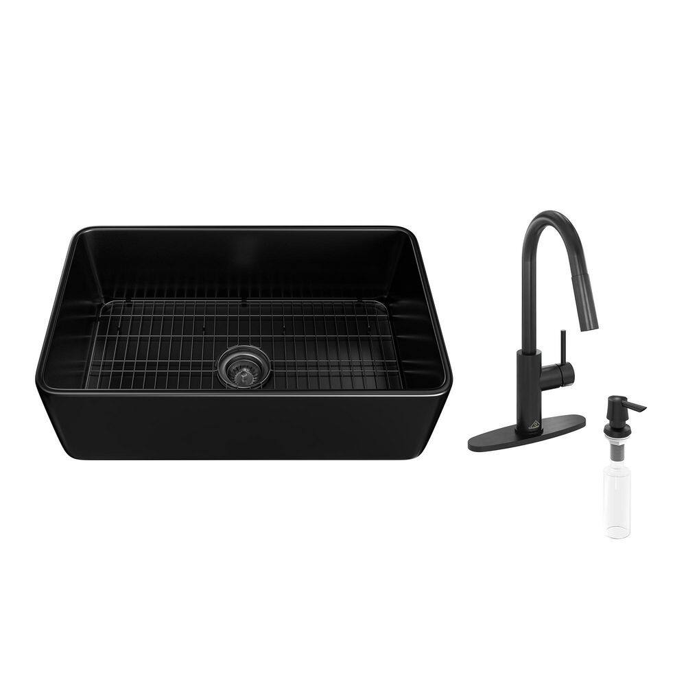 CASAINC Black Fireclay 30 in. Single Bowl Farmhouse Apron Kitchen Sink with Pull Down Kitchen Faucets and Accessories CA-B30-W3374MB