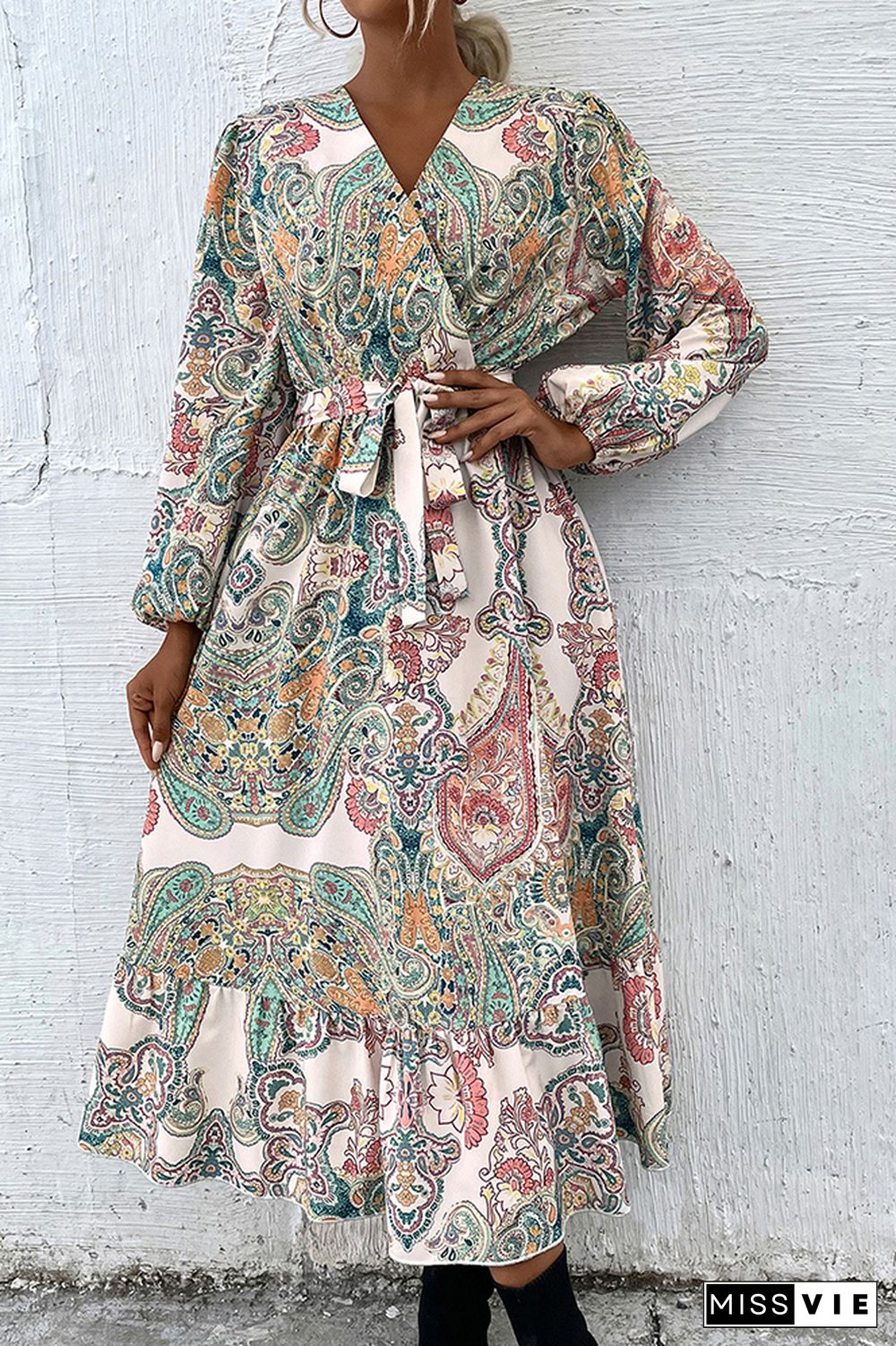 Vintage Ethnic Print Long Puff Sleeve Ruffle Dress