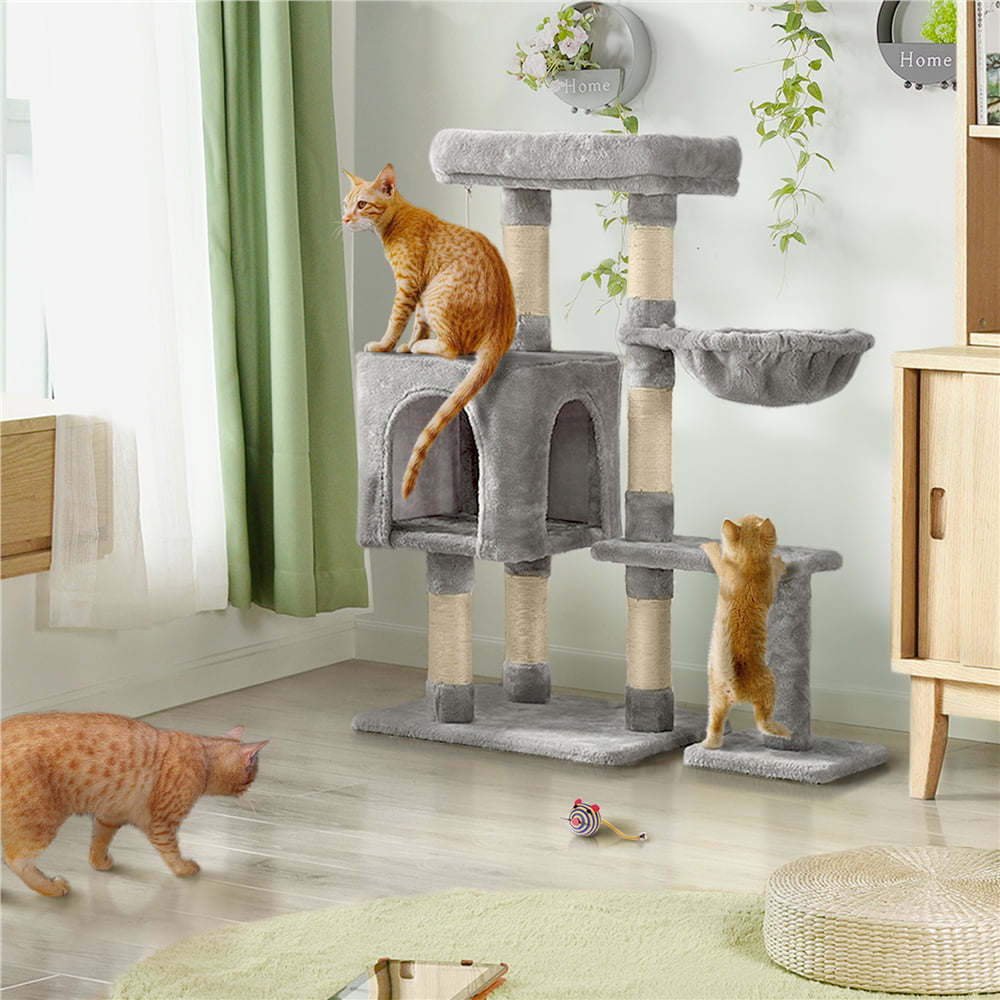 SMILE MART 4-Level Cat Tree Condo with Plush Perch， Light Gray