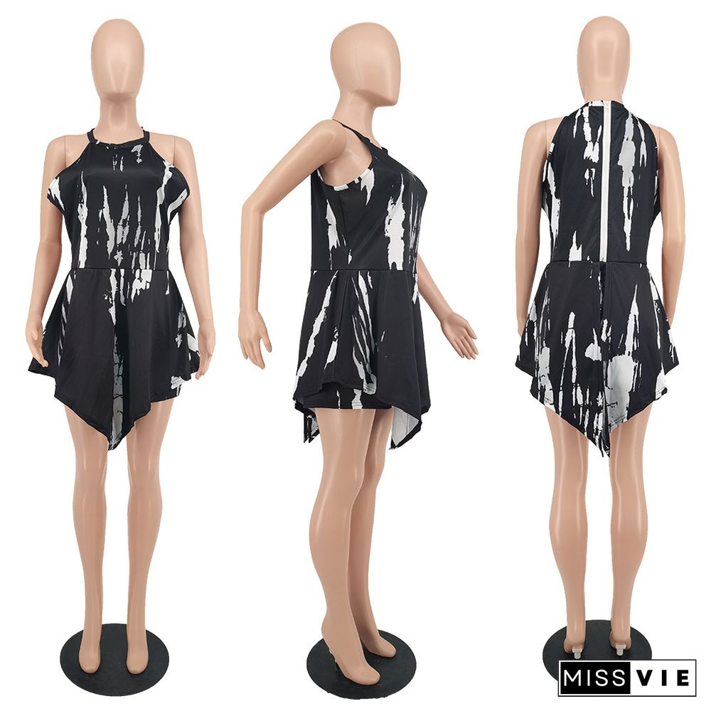 Plus Size Tie Dye Printed Women Sleeveless O Neck Irregular Beach Clubwear Summer One Piece Romper