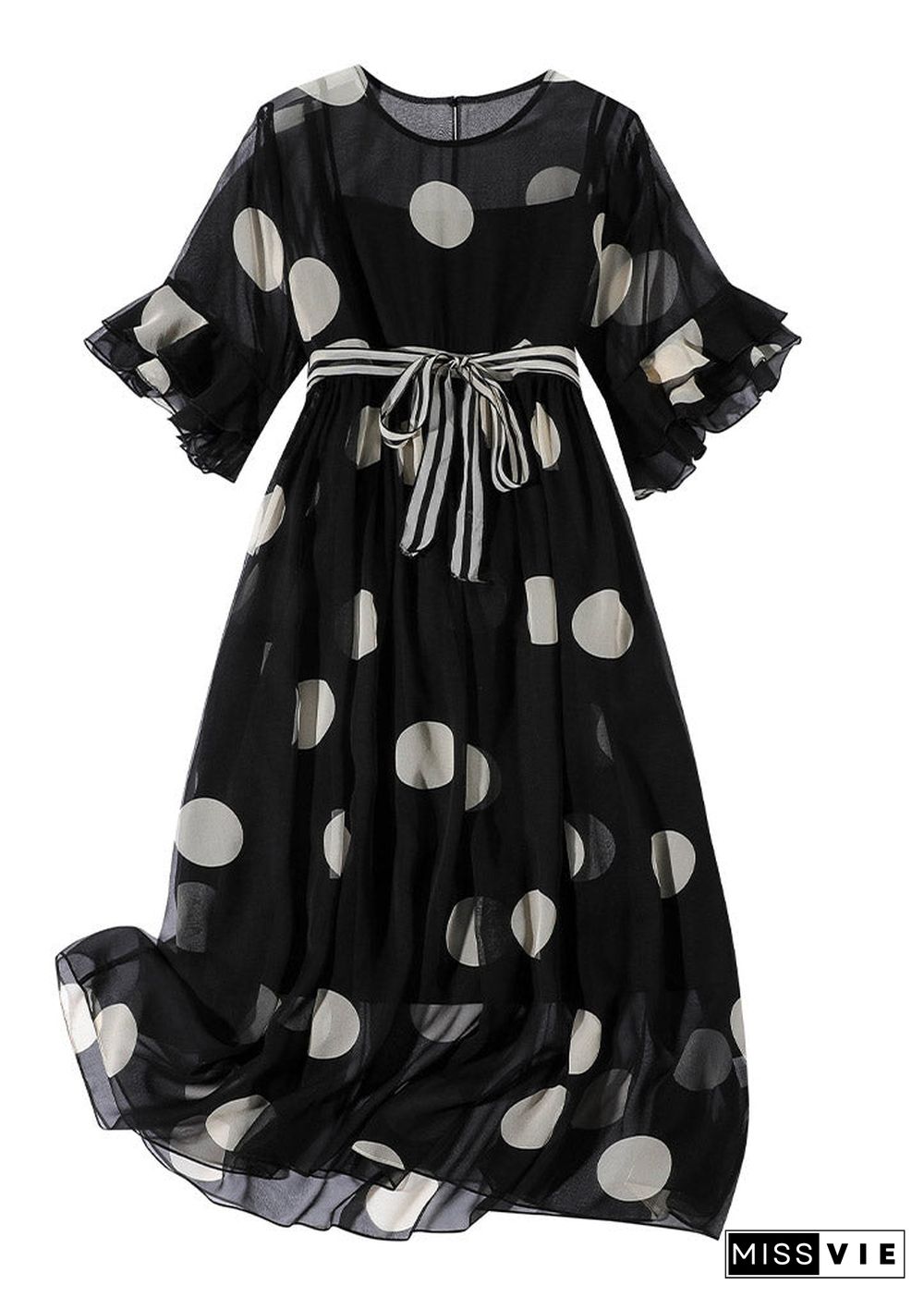 French Black O-Neck Dot Print Silk Dress Two Pieces Set Flare Sleeve