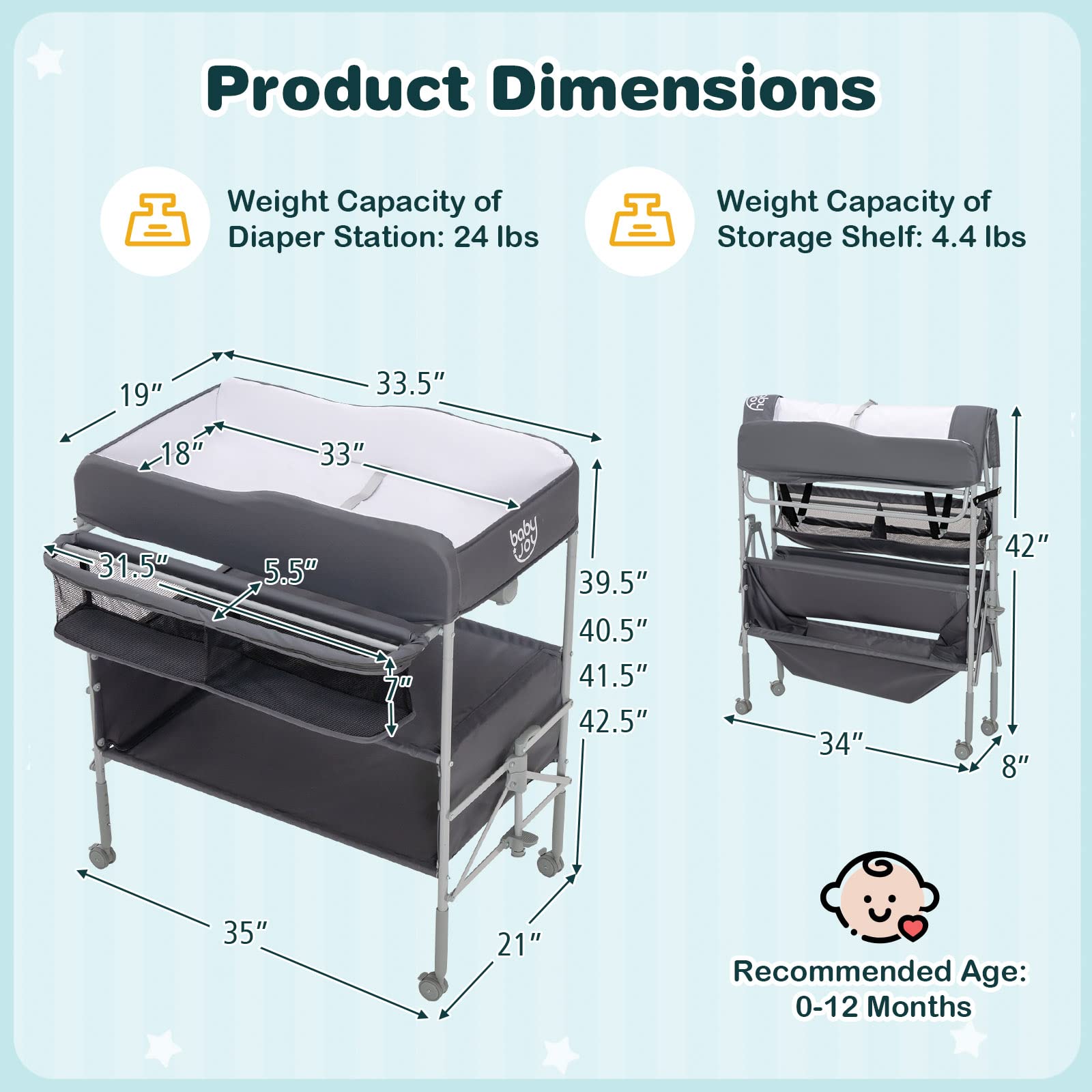 Costzon Portable Baby Changing Table, Foldable Infant Diaper Changing Station, Newborn Nursery Organizer w/ 4 Lockable Wheels