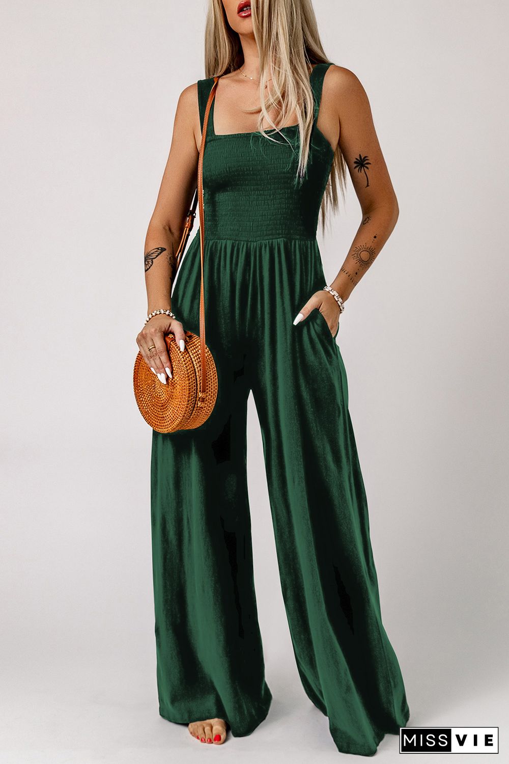 Green Smocked Sleeveless Wide Leg Jumpsuit with Pockets