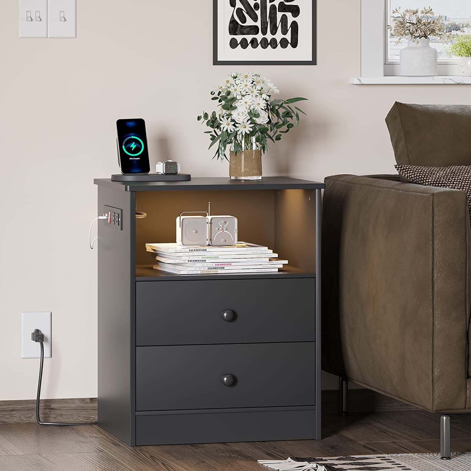 Nightstand with Charging Station and LED Lights, Modern Bedside Table with Drawers and Open Storage,2 USB Charging Ports,Bedroom