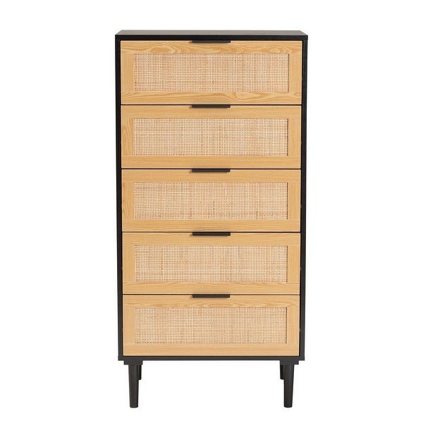 Maureen Mid-Century Modern Espresso Brown Wood and Rattan 5-Drawer Storage Cabinet - - 36118438