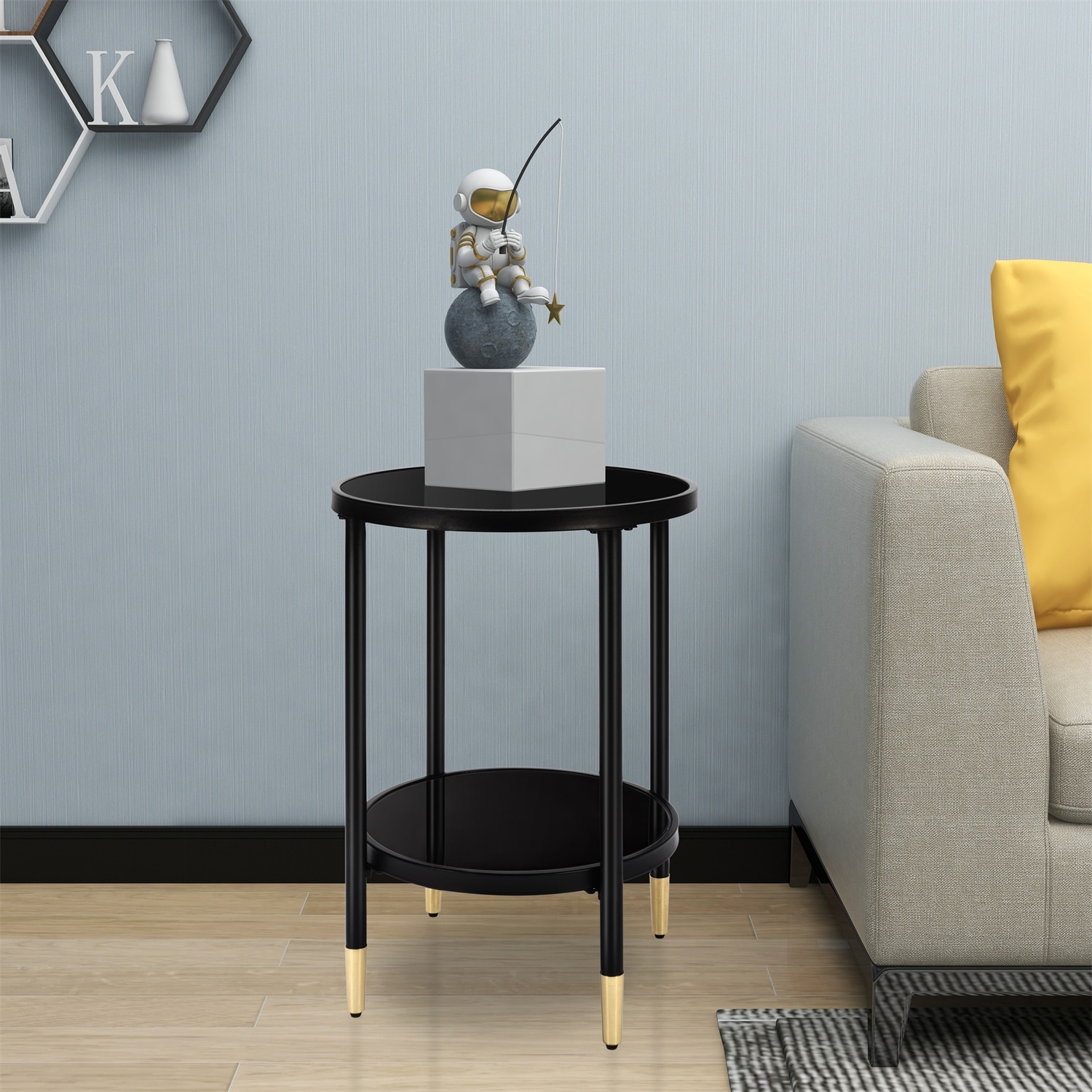 17.7 in. Black Round Tempered Glass End Table with Bottom Storage Shelf and Metal Frame