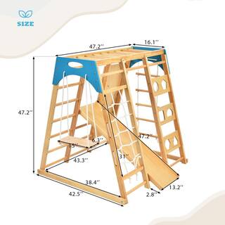 TIRAMISUBEST 8-in-1 Natural Indoor Kids Playset with Slide Climber Monkey Bars and Swing WFXY297448AAK