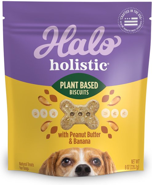 Halo Plant-Based Dog Treats with Peanut Butter and Banana Vegan Dog Treat， 8-oz bag