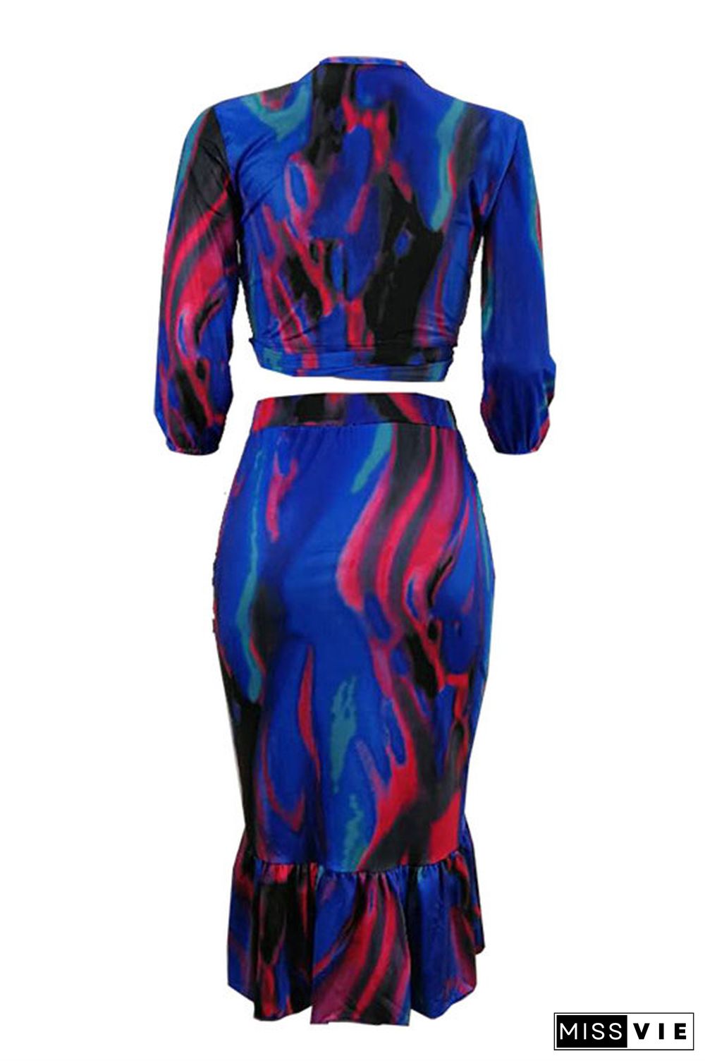 Blue Fashion Sexy Cap Sleeve Half Sleeves V Neck A-Line Mid-Calf asymmetrical Print ruffle Patc