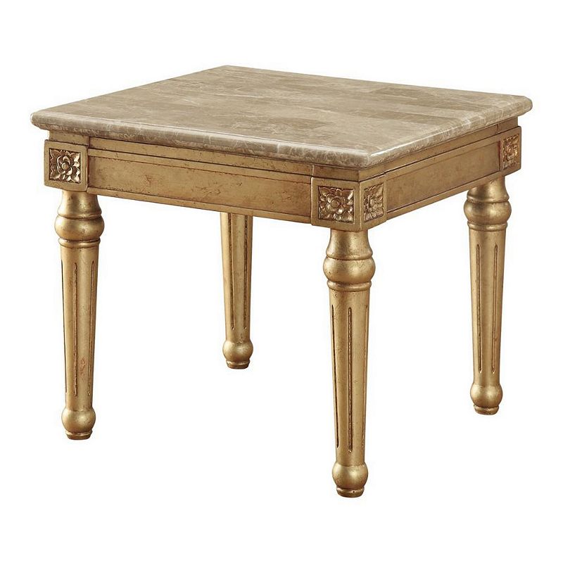 Marble Top End Table With Fluted Detail Wooden Turned Legs， Gold