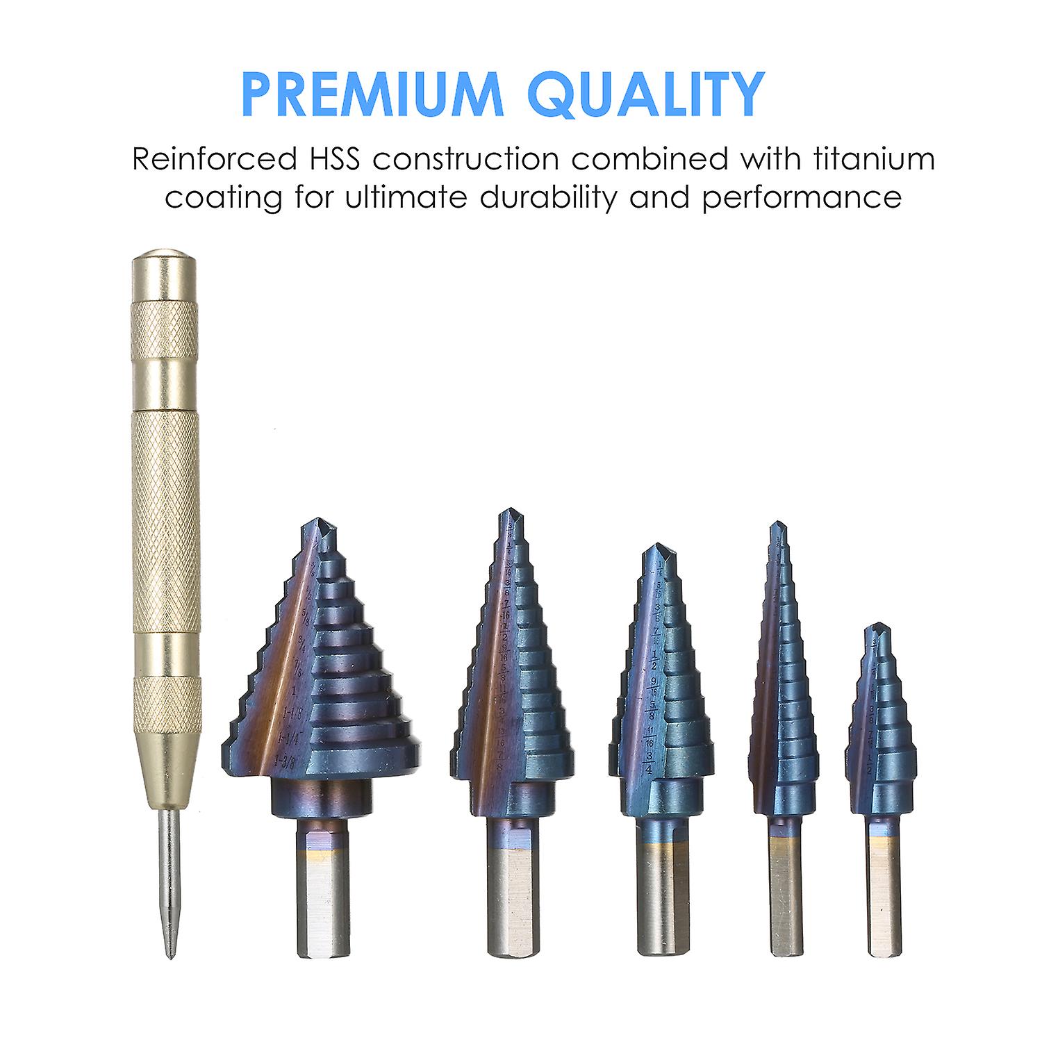 50 Sizes Hss Step Drill Bit Set With Automatic Center Punch And Aluminum Case Multiple Hole Titanium Straight Grooved Step Drill For Metal Wood Plasti