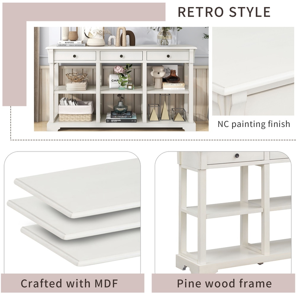 Retro Console Table/Sideboard with Ample Storage  Open Shelves Solid Wooden Frame and 3 Drawers for Living Room  Easy Assembly