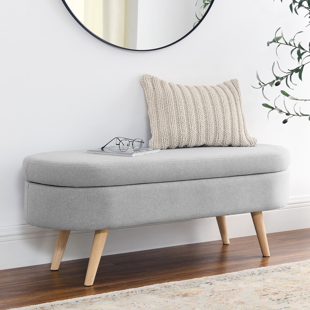 Storage Ottoman Bench Linen Upholstered Legs Flip Top Oval Foot Rest Long Stool for Sofa Couch Bedroom End of Bed Entryway