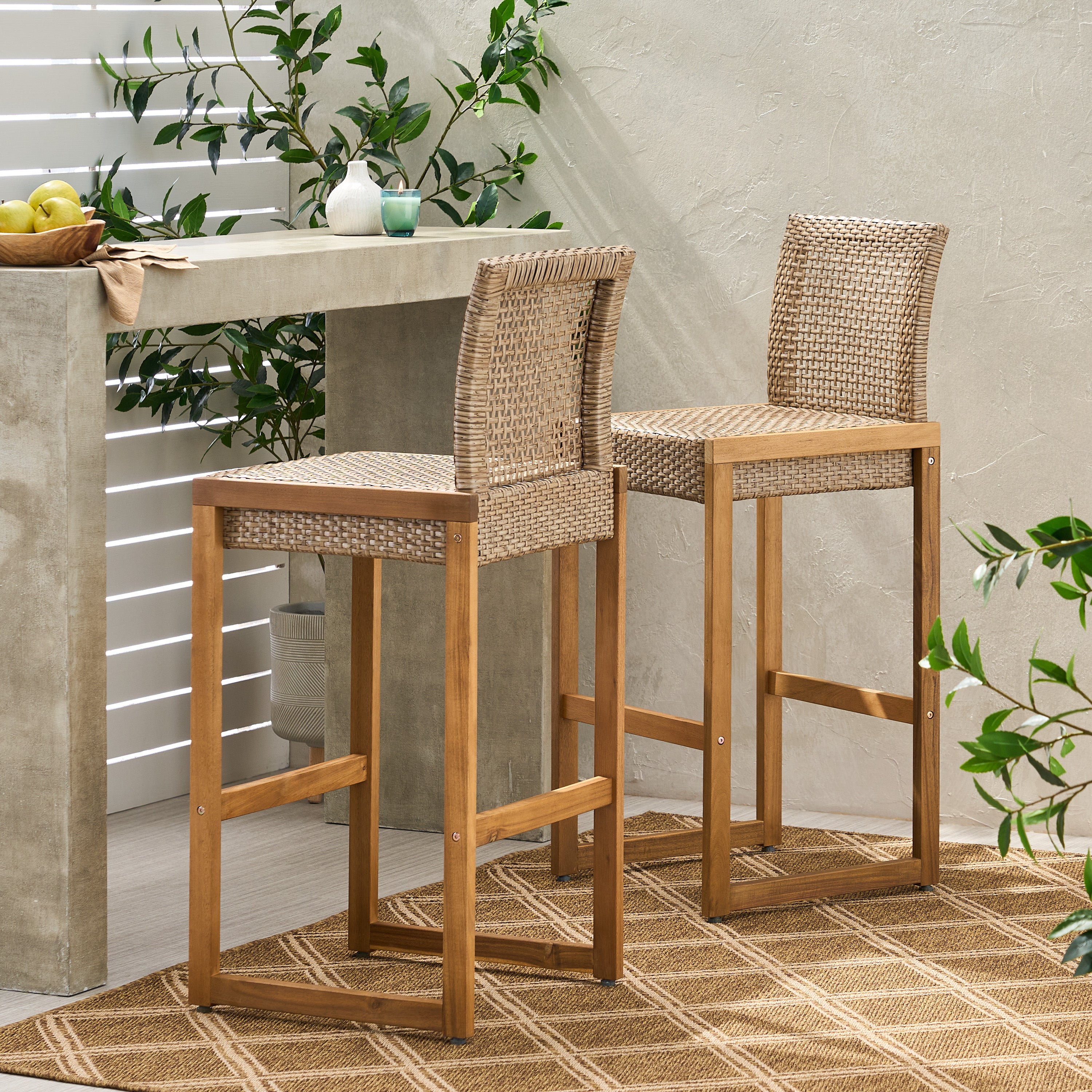 Resaca Outdoor Wicker Barstools, Set of 2, Light Multi-Brown and Teak