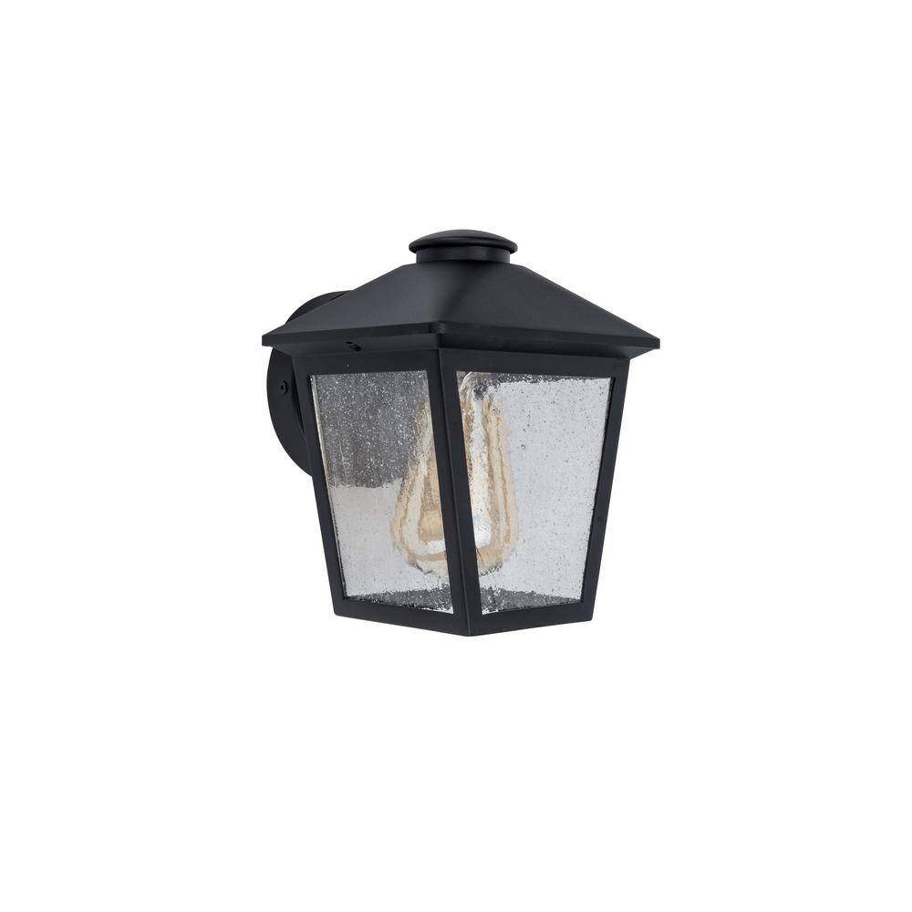 Hampton Bay Malena 1-Light Black Hardwired Outdoor Wall Lantern Sconce with Clear Seeded Glass 5294503012