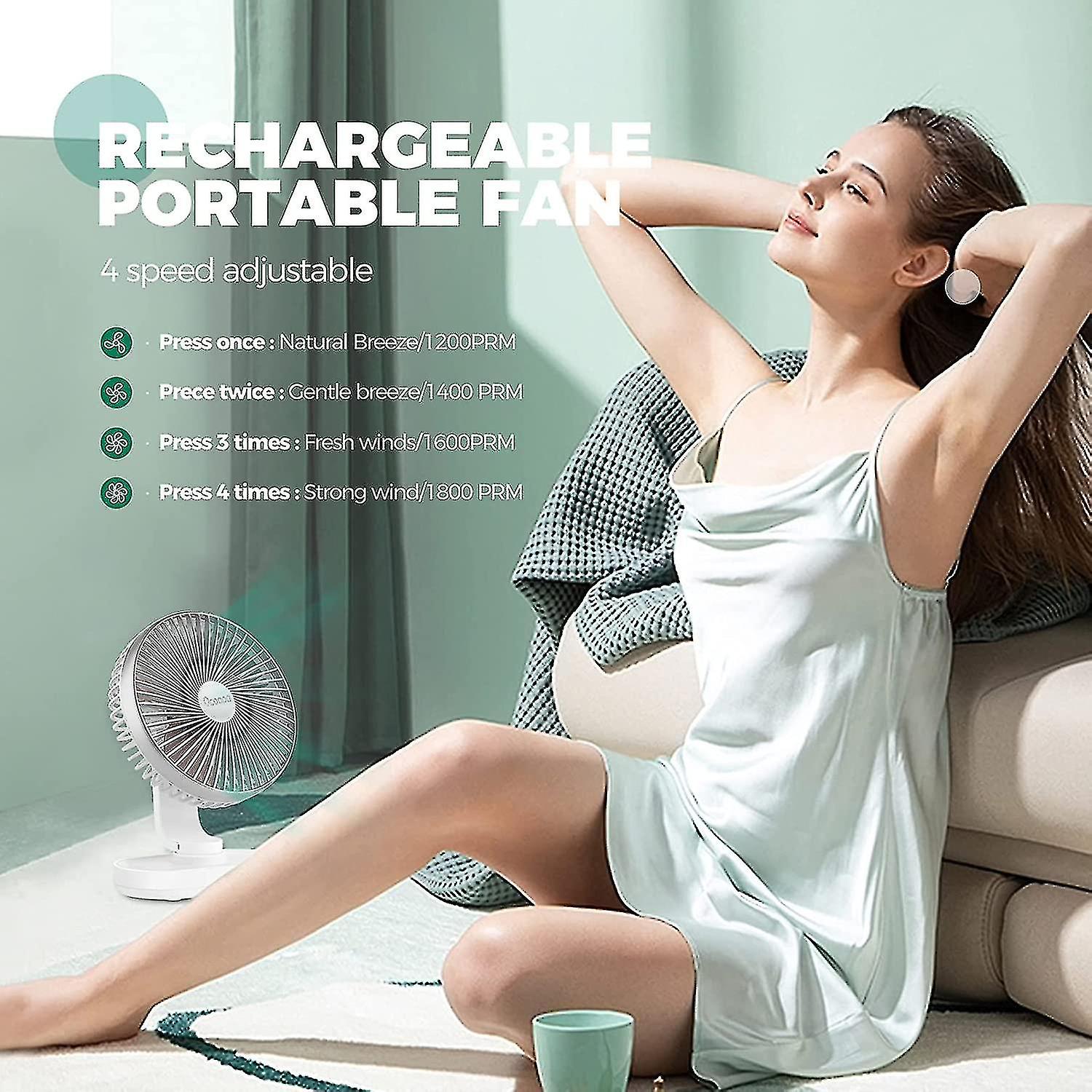 Desk Fan，auto Quiet Battery Fan 16.5cm，4 Speeds， 4000mah Usb Rechargeable Battery Operated，silver