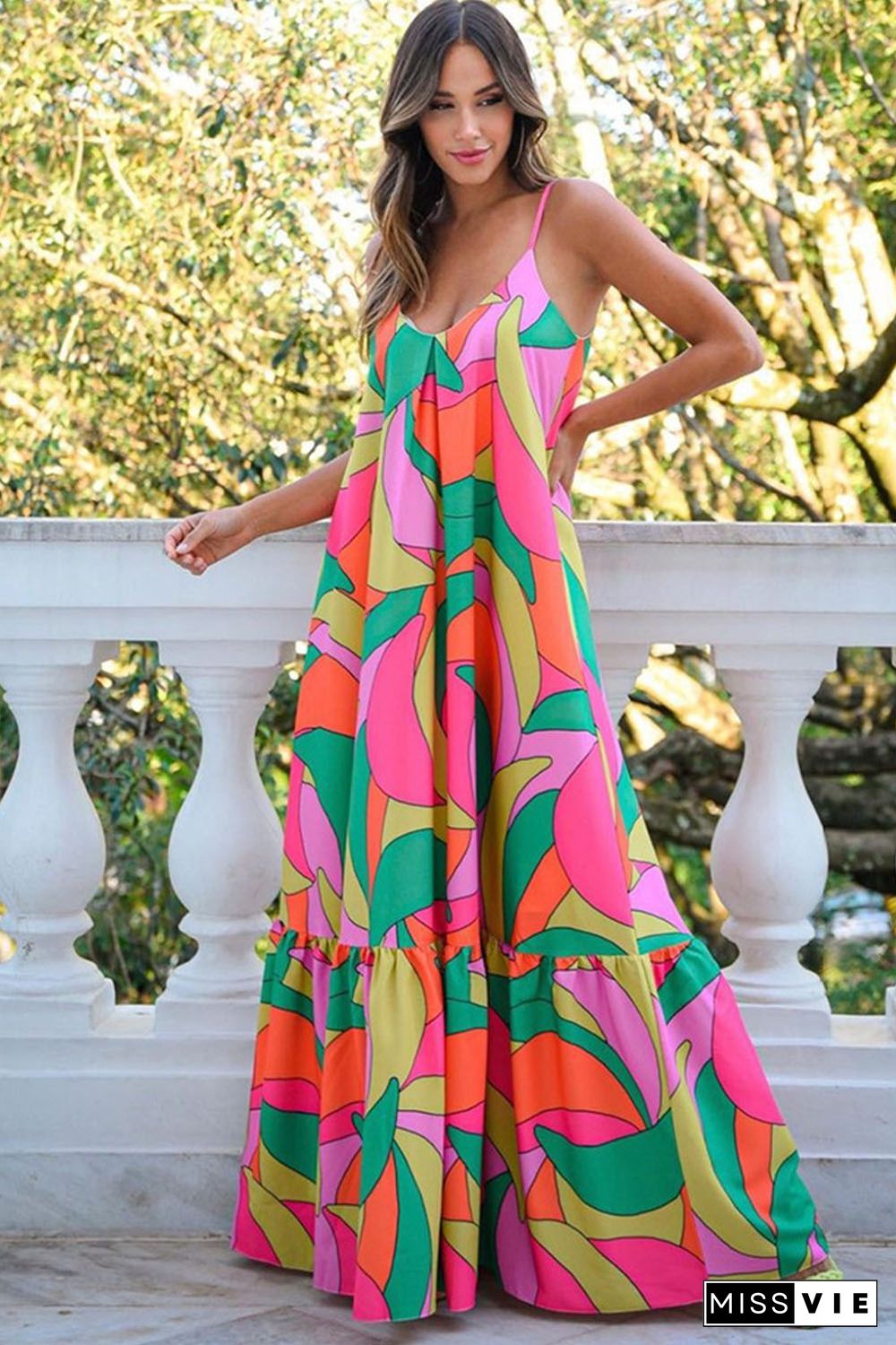 Multicolor Boho Geometric Print Sleeveless Maxi Dress