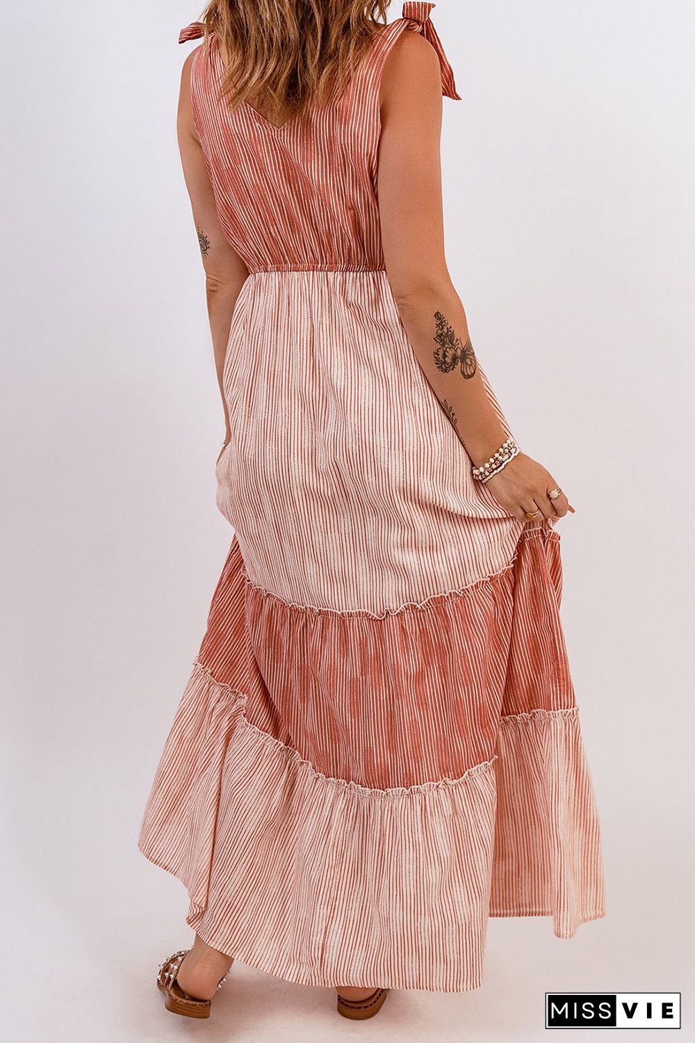 Tie Shoulder Striped Tiered Sleeveless Maxi Dress