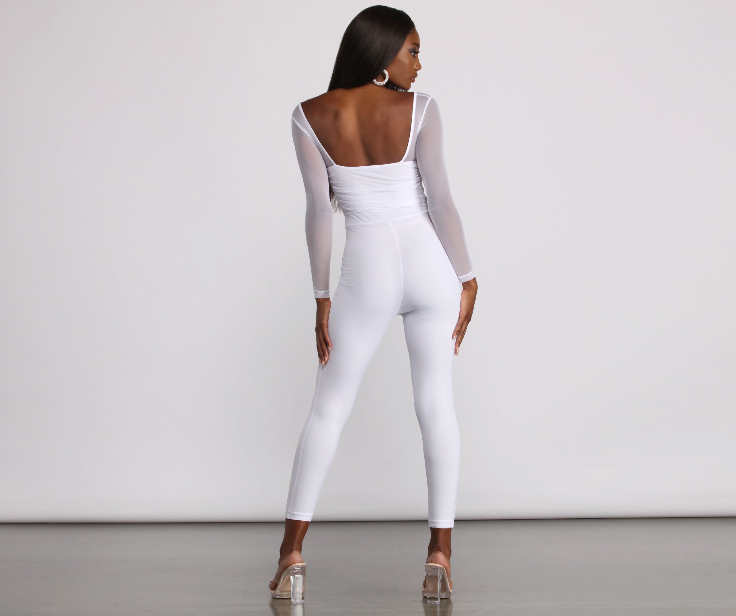 Mesh Long Sleeve Square Neck Catsuit