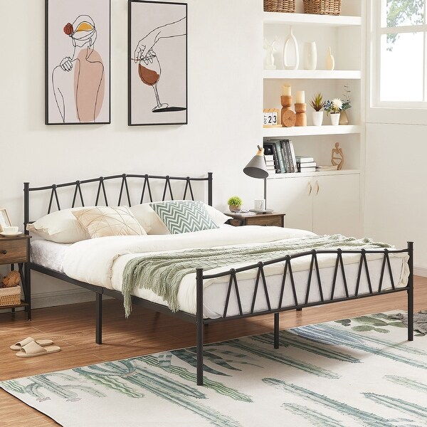 Industrial 3 Piece Bedroom Set Black Platform Bed Frame and Modern Brown Nightstands Set of 2 - - 36529080