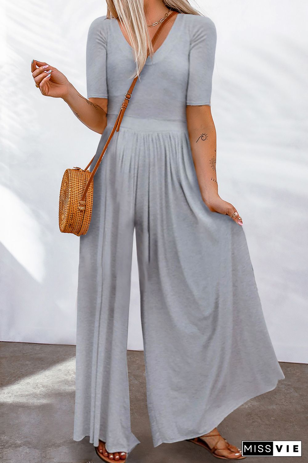 Gray Short Sleeve Bodice Flowy Wide Leg Jumpsuit