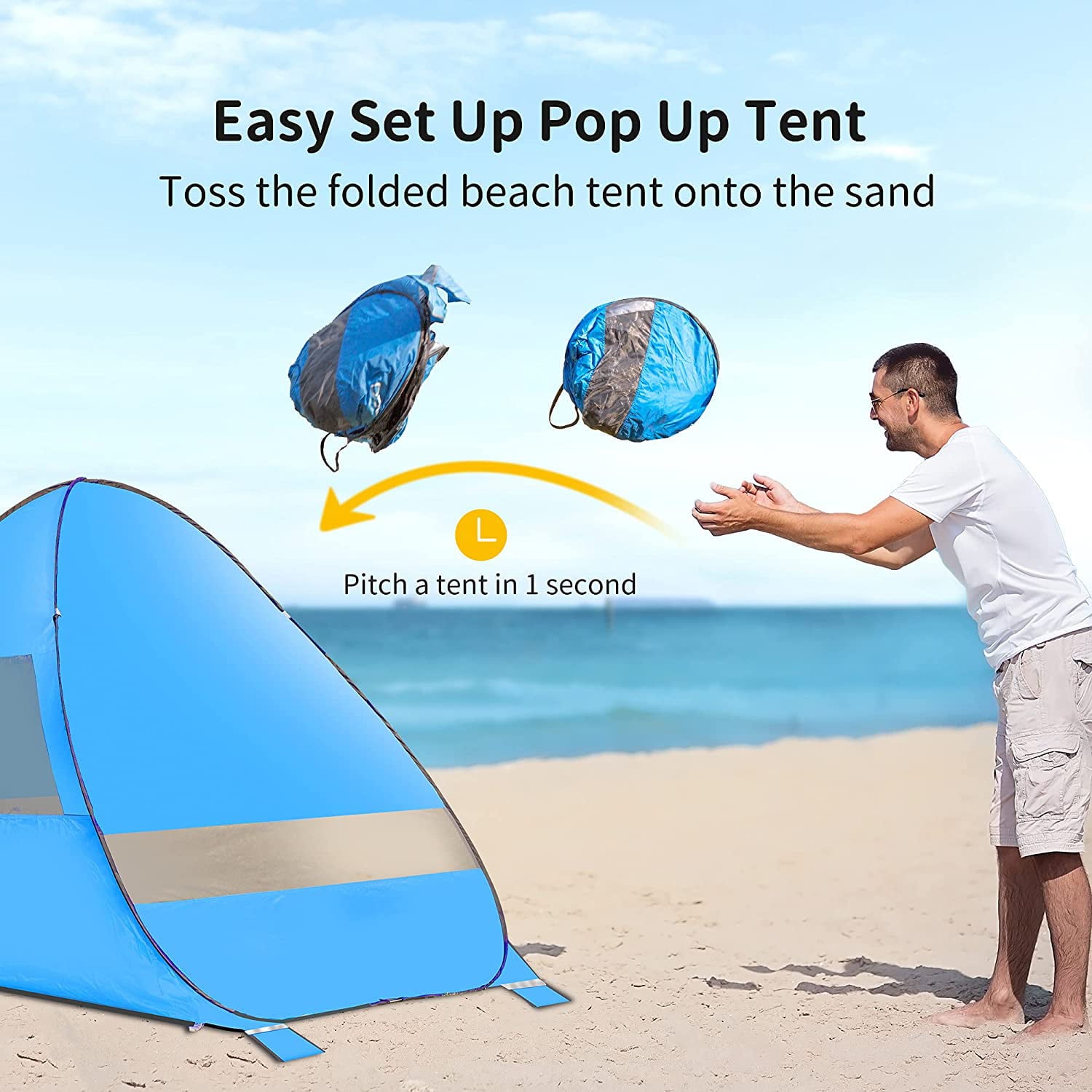 AKASO Pop-Up Beach Tent for 3-4 Person， 7.4' x 4.7' Shade Sun Shelter with UV Protectant Coating