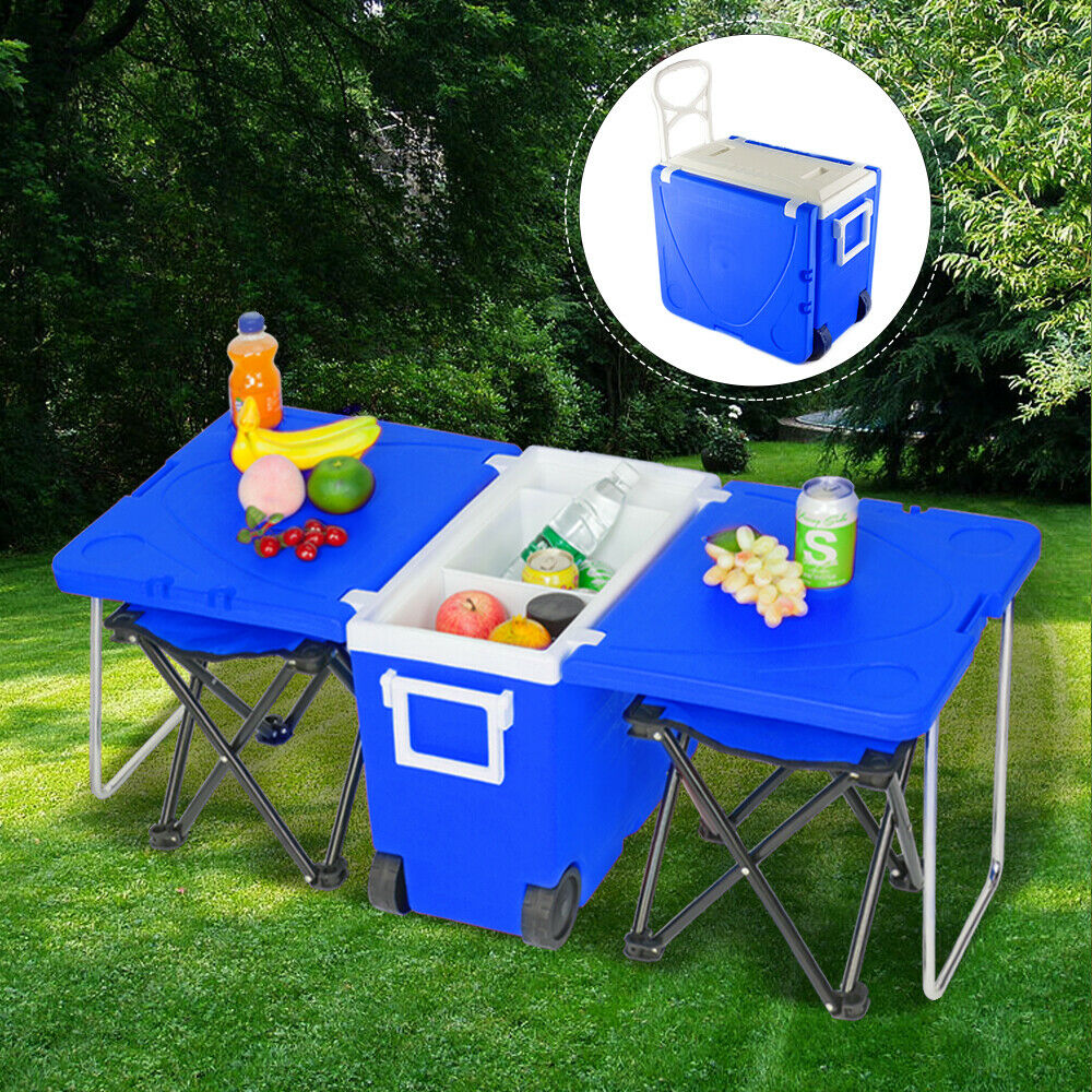 CB16884 Outdoor Picnic Camping Rolling Cooler with Table and 2 Chairsand#44; Blue