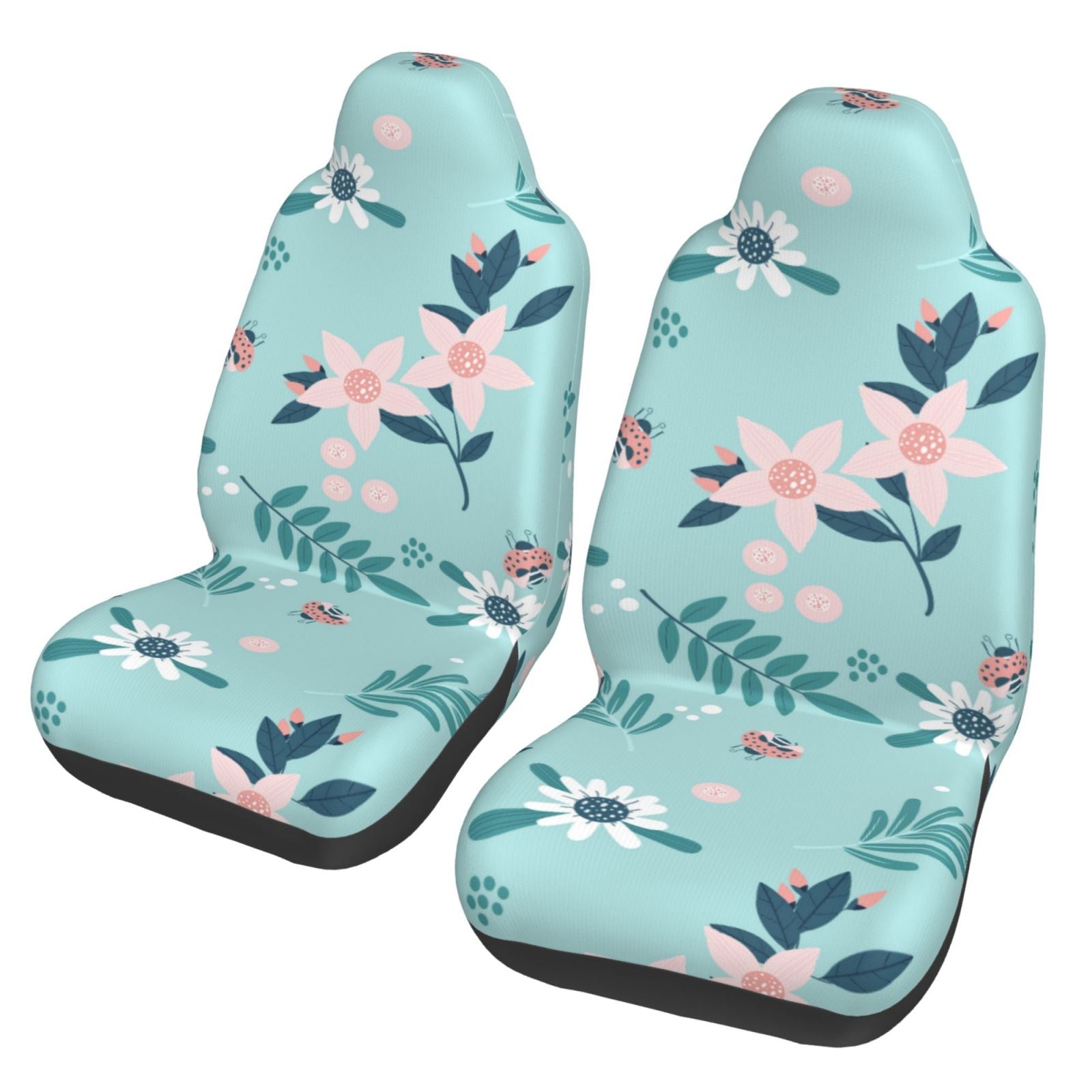 TEQUAN Front Seat Covers， Blue Ladybugs Flowers Insects Pattern 2 Piece Car Seat Cover Fit Most Car SUV Truck Van