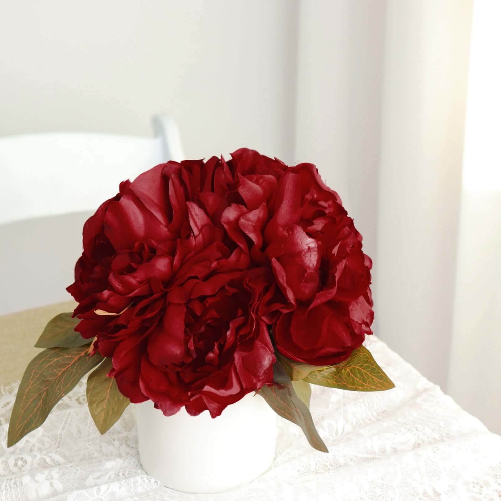 2 Bushes Burgundy Artificial Silk Peony Flower Bouquets, Real Touch Peonies Spray 17