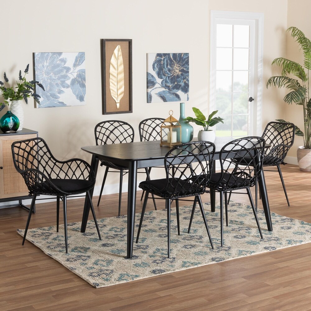 Aniceta Modern Bohemian Black Finished Wood and Rattan 7 Piece Dining Set