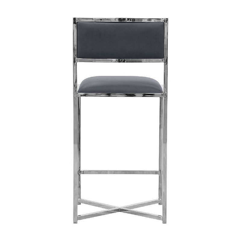 Eun 26 Inch Faux Leather Counter Stool， Chrome Base， Set of 2， Dark Gray