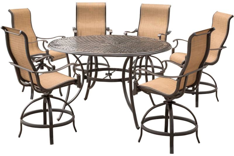 Hanover Manor 7-Piece Outdoor Dining Set In Tan Sling/Cast With 6 Sling Counter Height Swivel Chairs， 56 Round Cast Table