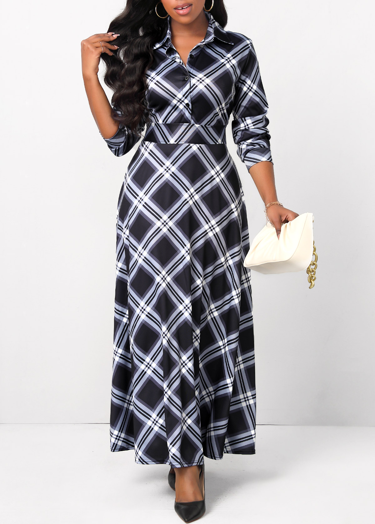 Plaid Button Black Shirt Collar Maxi Dress