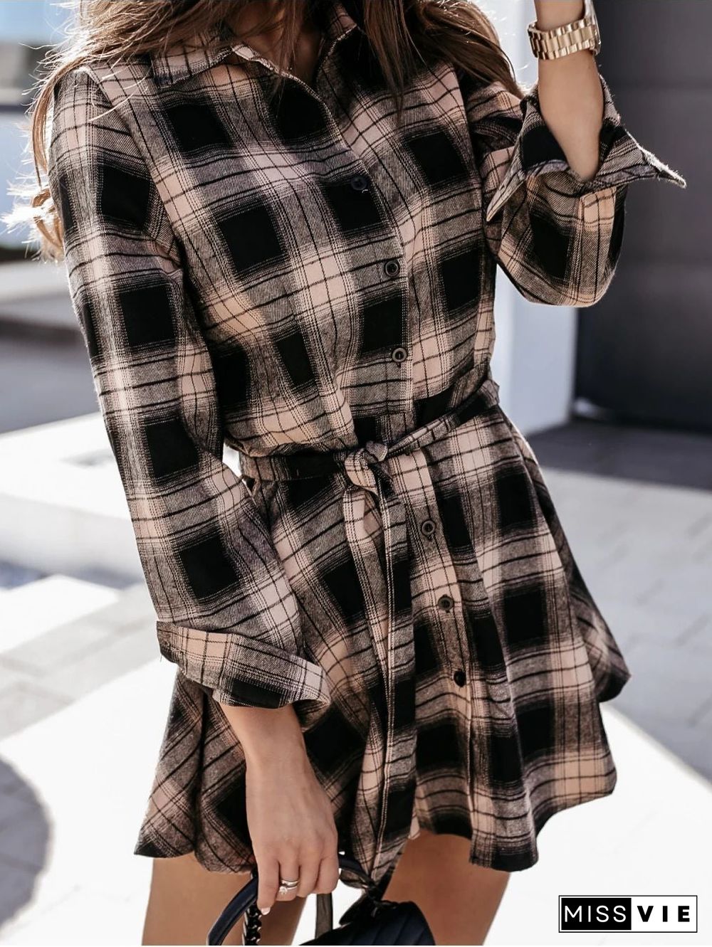 Autumn and Winter Fashion Sexy Printed Shirt Plaid Dress Skirt