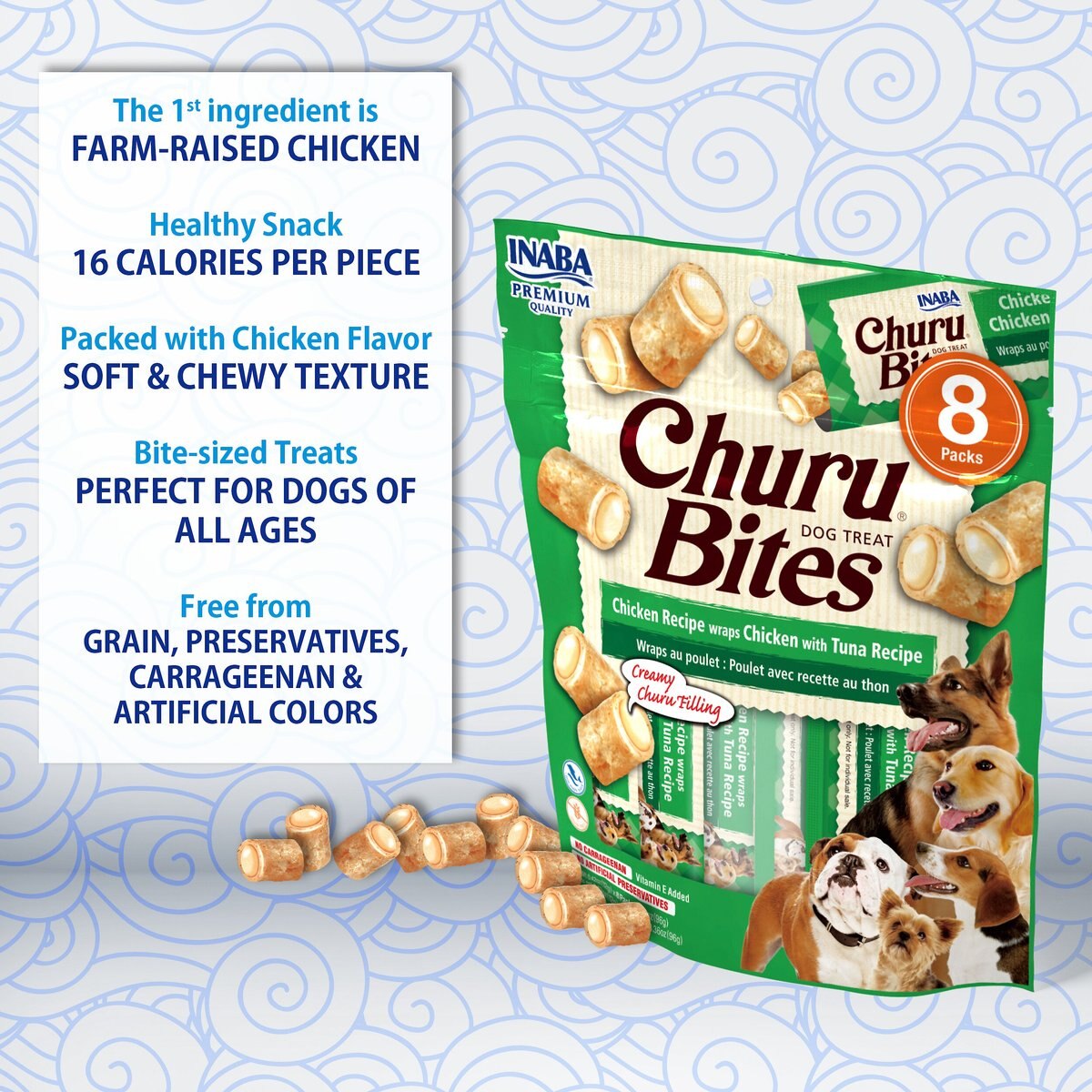 Inaba Churu Bites Wraps Chicken Recipe Grain-Free Soft and Chewy Dog Treats， 0.42-oz， pack of 8