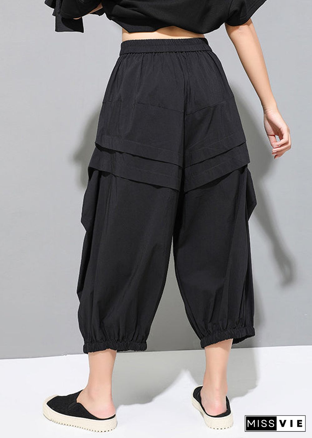 Loose Black Pockets Elastic Waist Crop Pants Fall