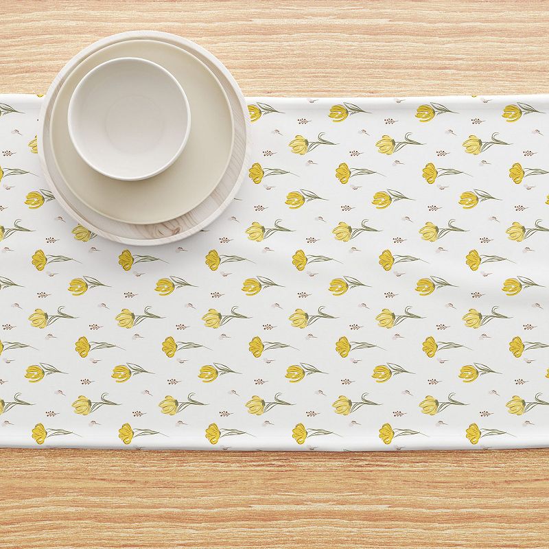 Table Runner， 100% Cotton， 16x108， Hand Drawn Yellow Tulips