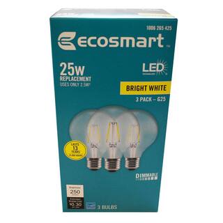 EcoSmart 25-Watt Equivalent G25 Dimmable Globe Clear Glass Filament LED Vintage Edison Light Bulb Bright White (3-Pack) FG-04212