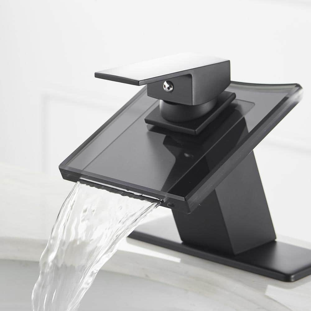 BWE Glass Spout Waterfall Single Hole Single Handle Bathroom Sink Faucet With Pop Up Drain With Overflow In Matte Black