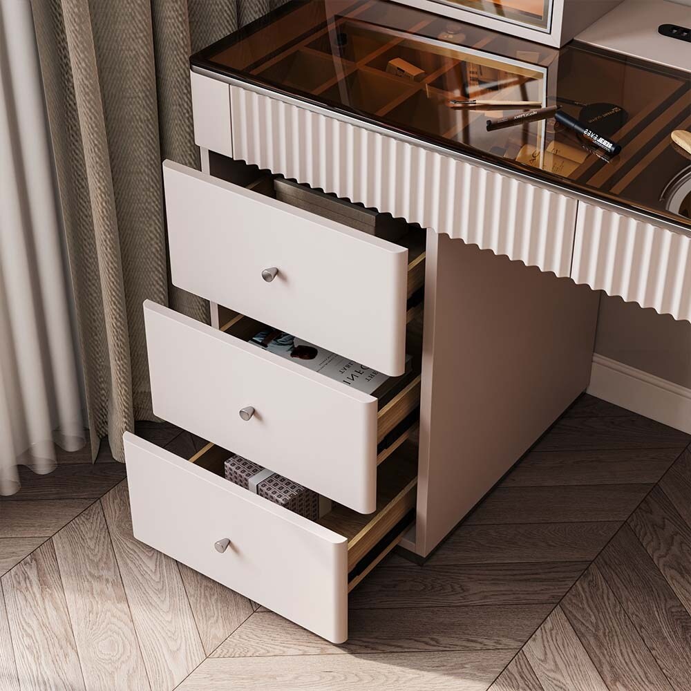 Modern Wood Makeup Vanity Table with LED Lighted Mirror  Dressing Table with PU Leather Stool  5 Drawers