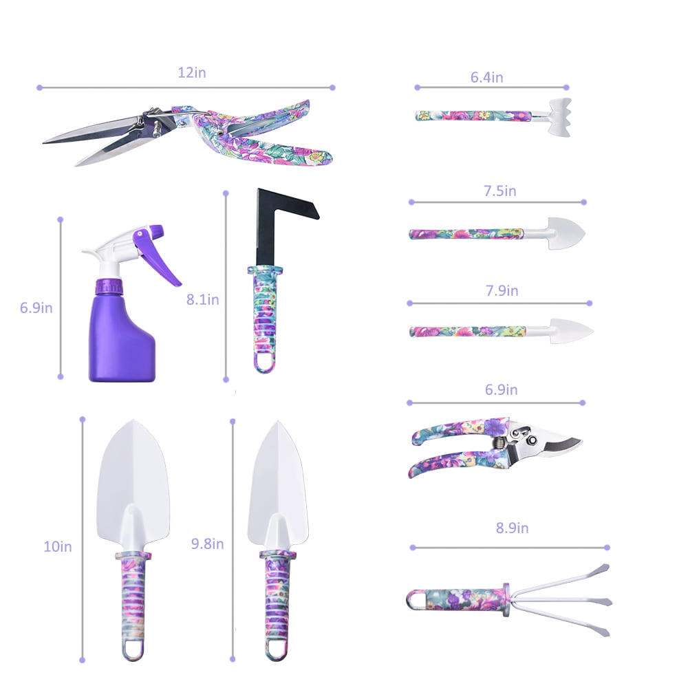 MICTUNING Garden Tool Set, 10 Pieces Gardening Tools Kit with Purple Flower Print, Ergonomic Handle Trowel Rake Weeder Pruner Shears Sprayer, Garden Hand Tools with Carrying Case Gardening Gifts